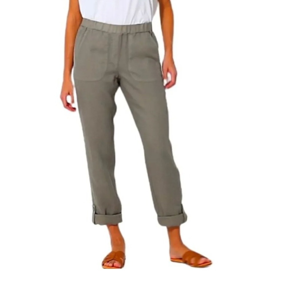 J Jill Pure Jill Linen Pants Small Olive Green Wide Leg Coastal